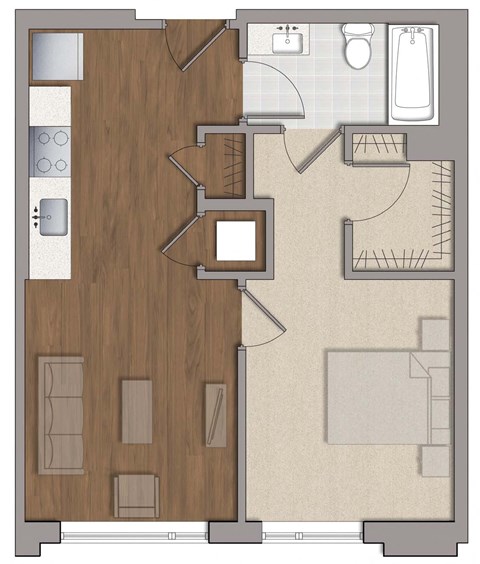 Floor plan for 1 bed, 1 bath, 552 sqft